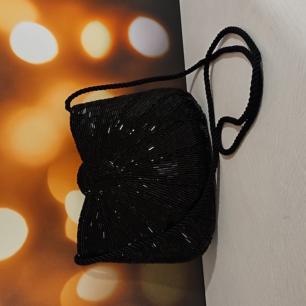 Black bugle beads sequins crossbody clutch elegant black tie Prom wedding